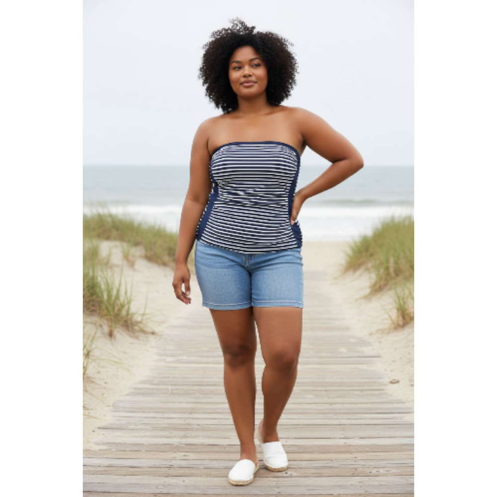 Striped Navy Blue Bandeau Tankini Top - Women Swim